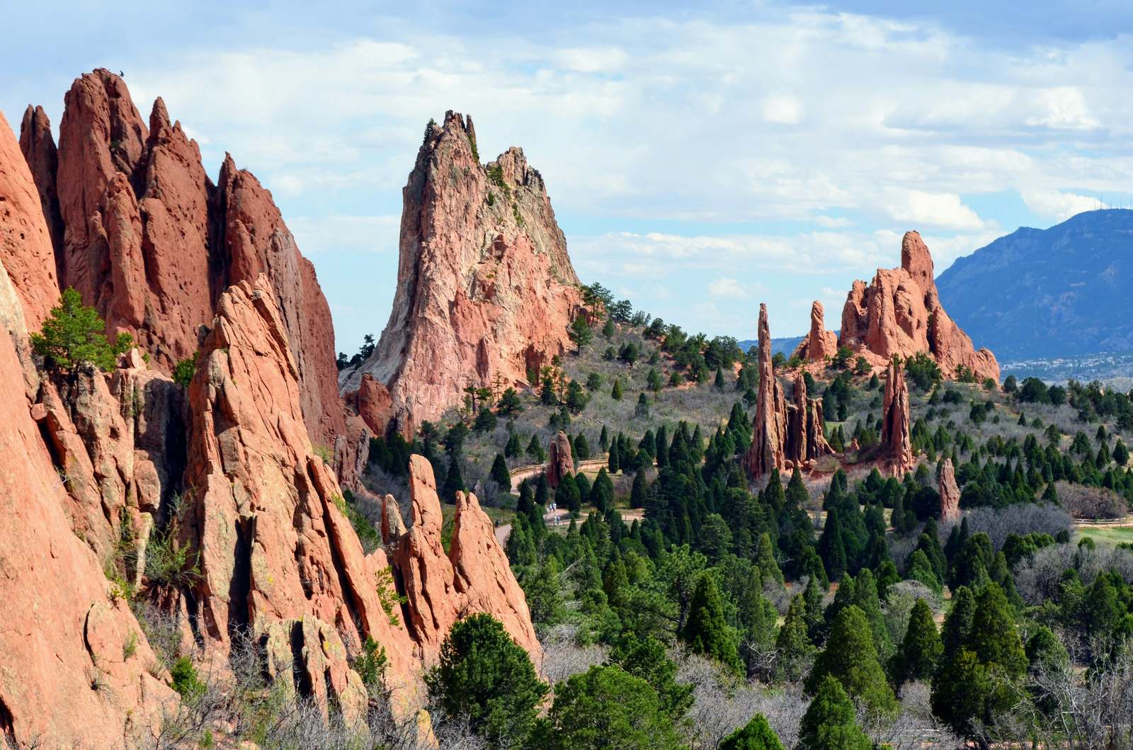 Garden of the Gods, red rock formations against a bright spring sky in Colorado Springs.